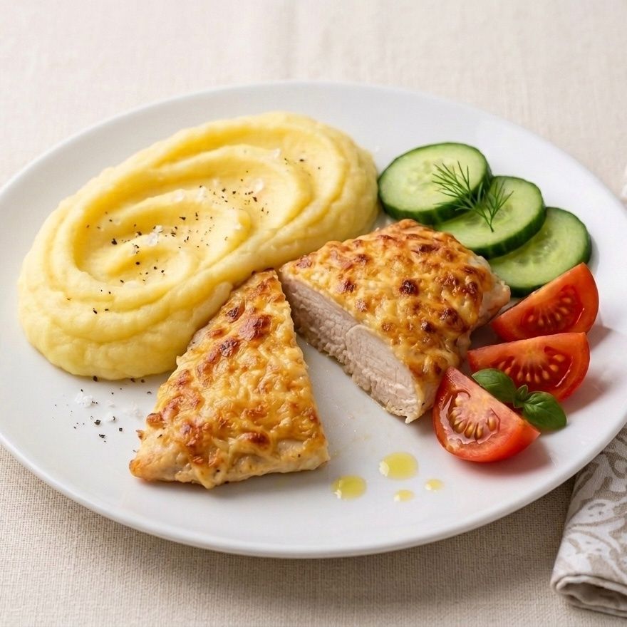Pileći file pod sirom s pire krompirom