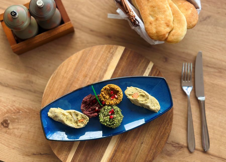 Assorted pkhali: spinach phali, betroot phali, carrot phali