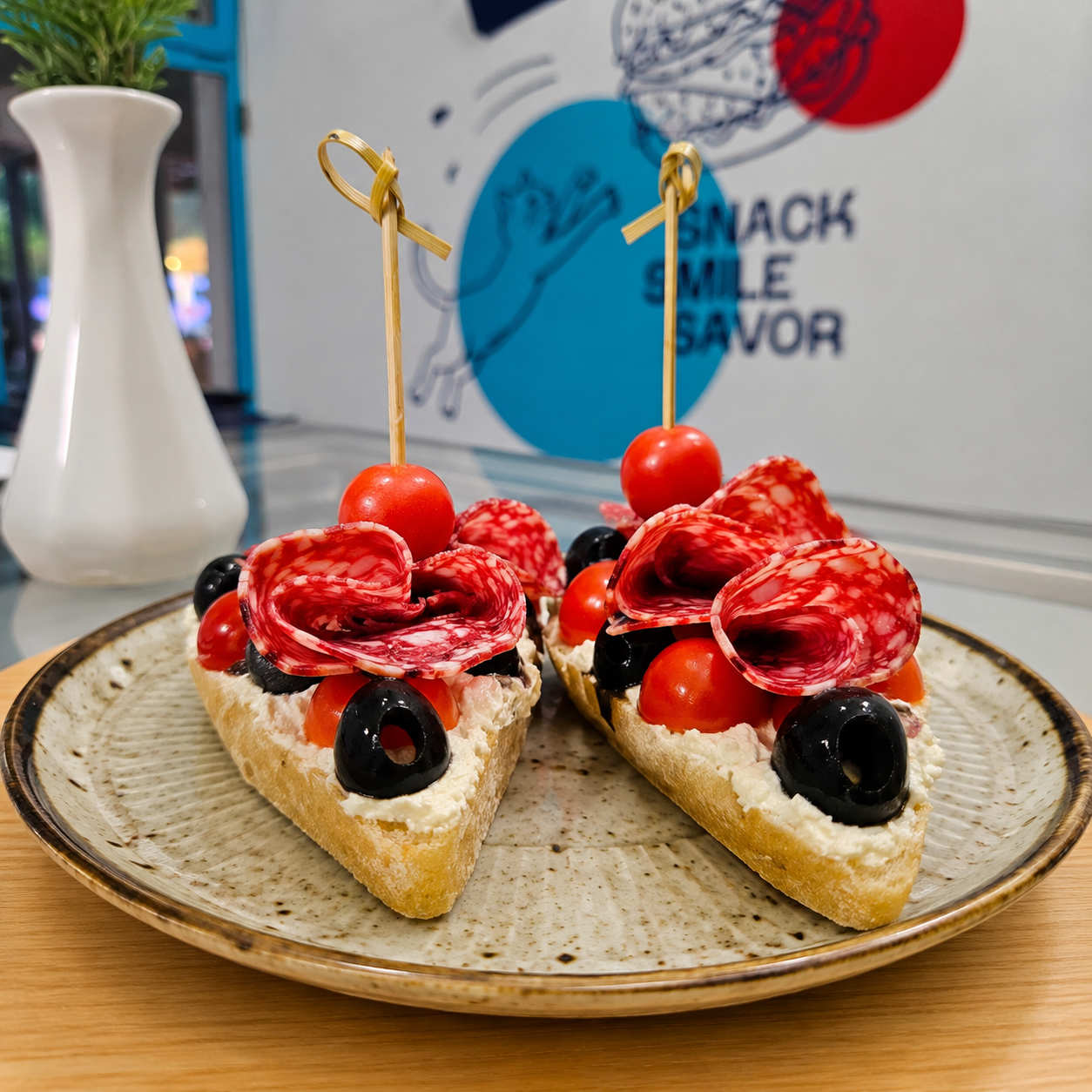 Bruschetta with Cherry Tomatoes, Olives and Salami