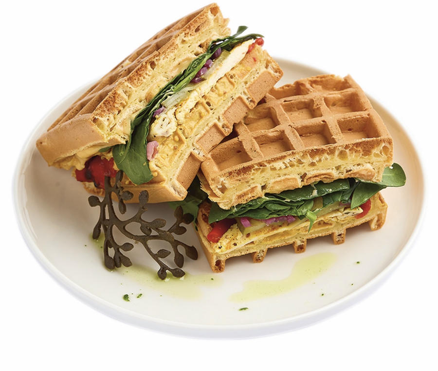 Waffle with bacon, prosciutto and BBQ sauce