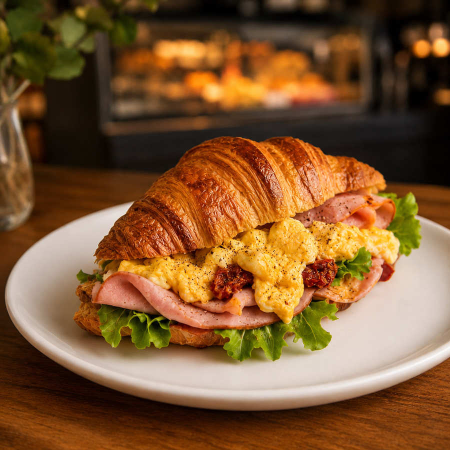 Omlet, mortadella ve güneşte kurutulmuş domatesli kruvasan