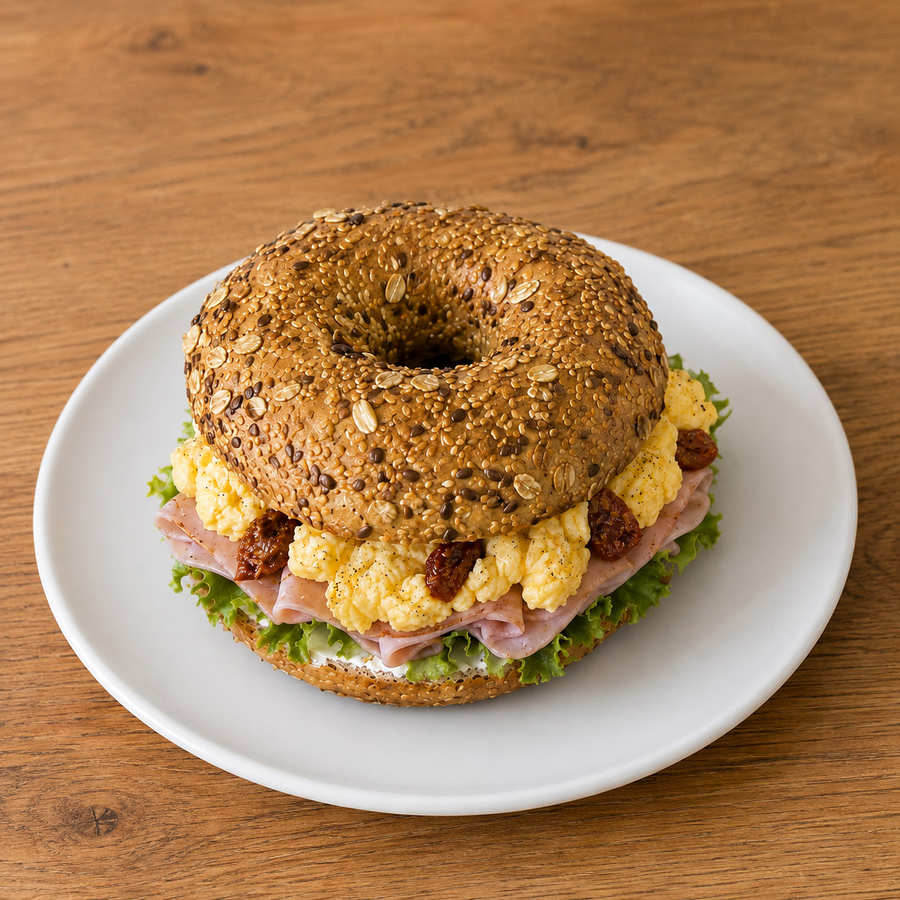 Mortadella, omlet, güneşte kurutulmuş domates ve krem peynirli bagel