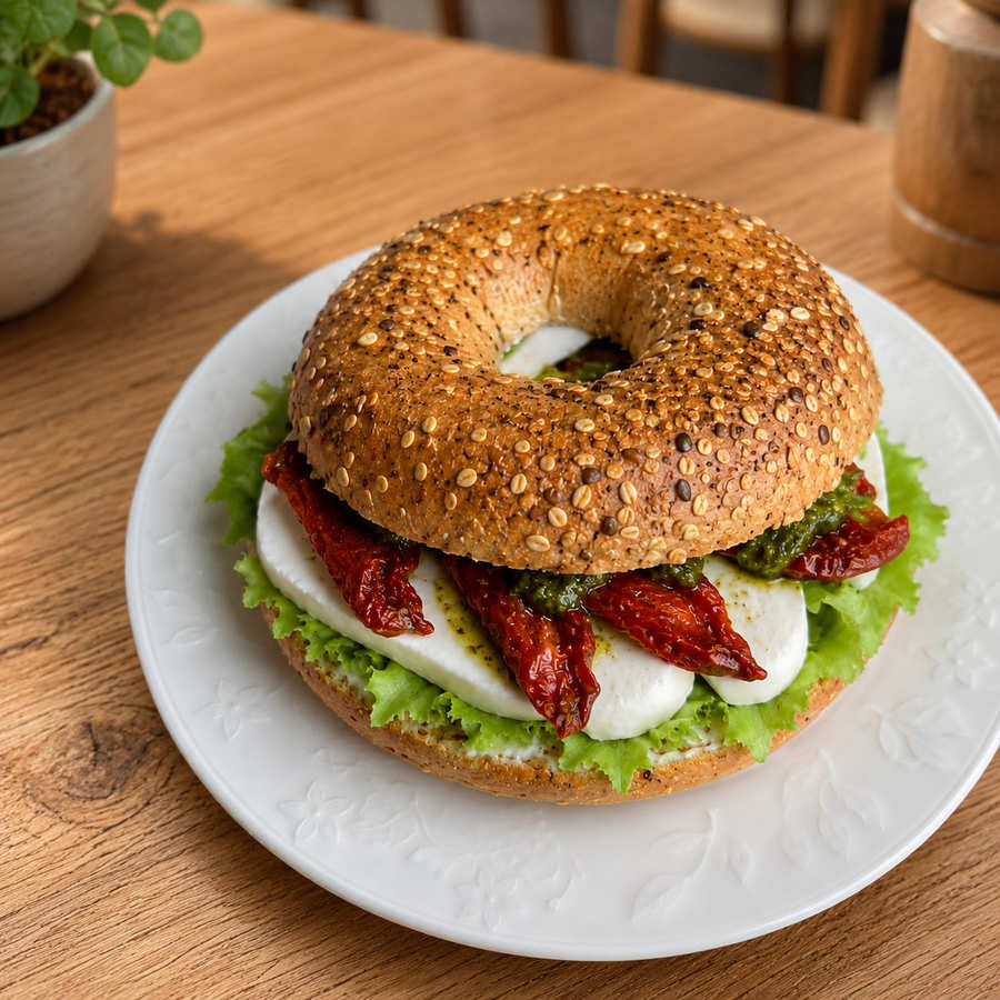Mozzarella ve güneşte kurutulmuş domatesli bagel